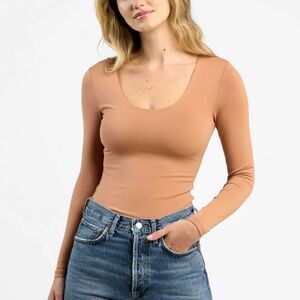Nuuds Long Sleeve Scoop Neck Bodysuit Clay Tan Thong Style Size XL